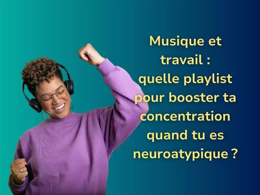 Femme souriante portant un casque audio, profitant de la musique pour améliorer sa concentration et sa productivité. Idéal pour les personnes neuroatypiques comme les TDAH, HPI et autistes.