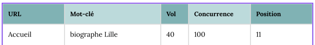 extrait d'un audit SEO montrant le positionnement sur la SERP d'une page web avant optimisation SEO 