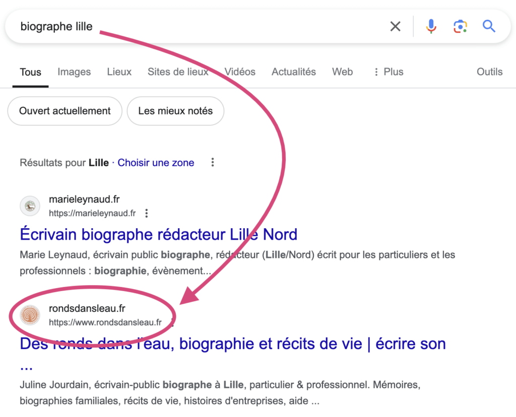 Capture d'écran de Google montrant la progression d'une page web sur la SERP après optimisation SEO.