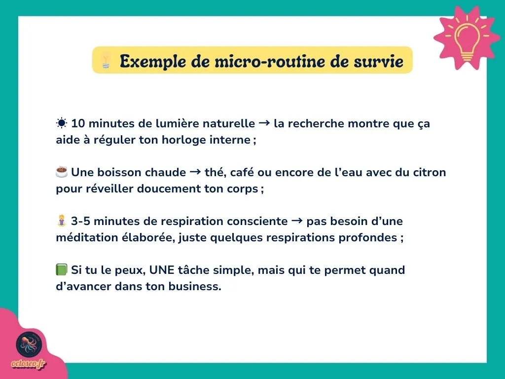 Infographie détaillant une micro-routine de survie pour les jours difficiles : lumière naturelle, boisson chaude, respiration consciente et une tâche simple pour avancer sans pression.