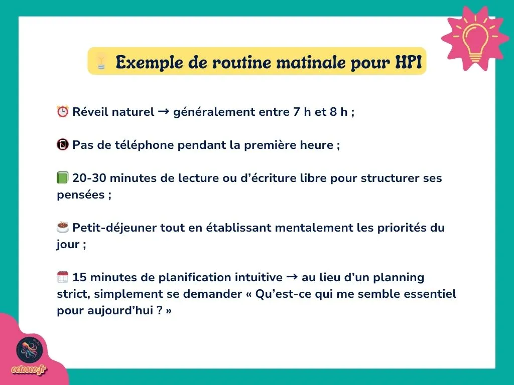 Infographie illustrant une routine matinale adaptée aux HPI : réveil naturel, lecture, planification intuitive et petit-déjeuner sans distraction numérique.