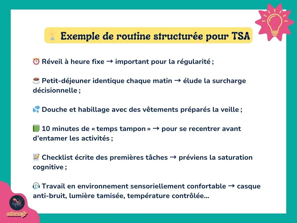 Infographie présentant une routine matinale structurée pour les personnes avec un TSA : réveil à heure fixe, petit-déjeuner identique, checklist écrite, et environnement sensoriel adapté pour un démarrage serein.