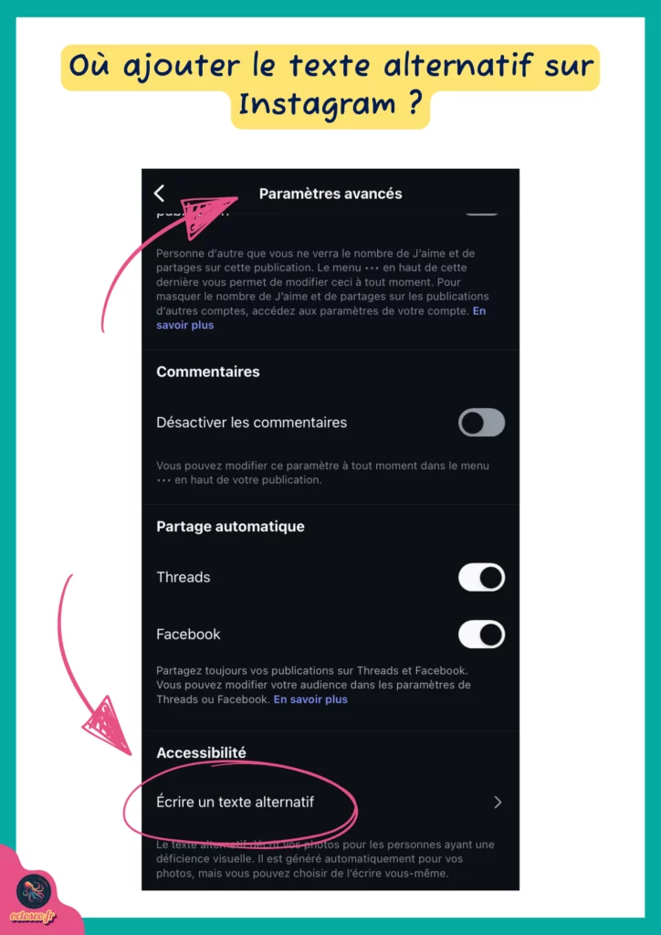 Capture d'écran Instagram montrant où ajouter un texte alternatif dans les paramètres avancés, avec 