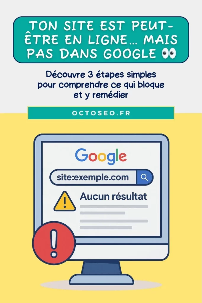 Illustration d’un écran affichant une recherche Google "site:exemple.com" avec un message "Aucun résultat" et une icône d’alerte, pour représenter un site non indexé.