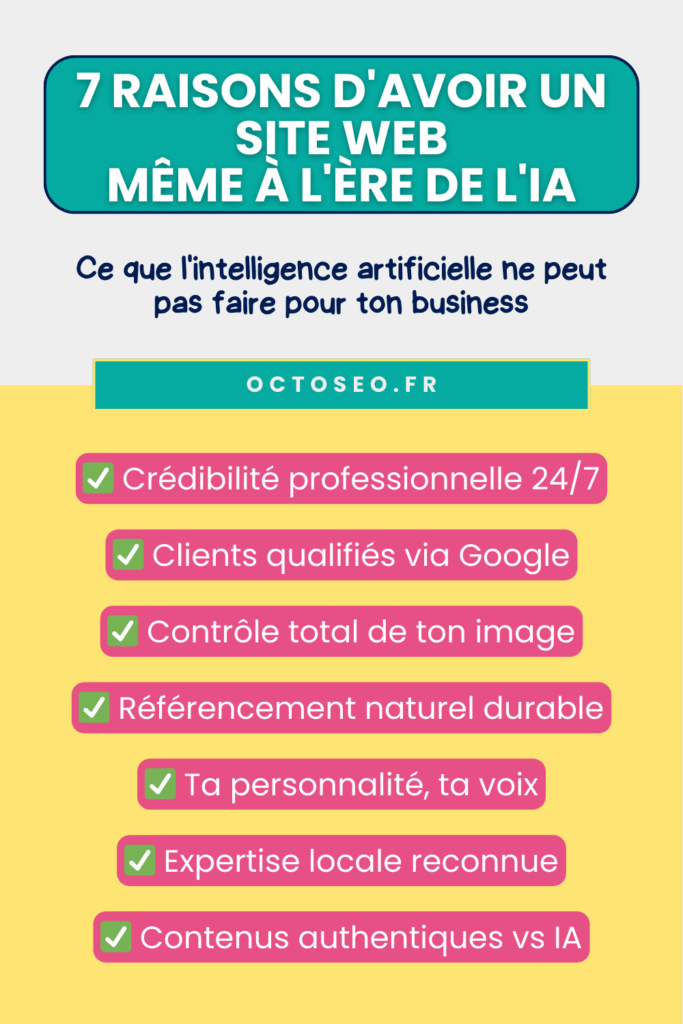 Texte ALT épingle 2 :
Épingle Pinterest listant 7 raisons d'avoir un site web à l'ère de l'IA avec fond dégradé jaune-rose et puces colorées : crédibilité professionnelle, clients qualifiés via Google, contrôle total, référencement naturel, personnalité unique, expertise locale, contenus authentiques