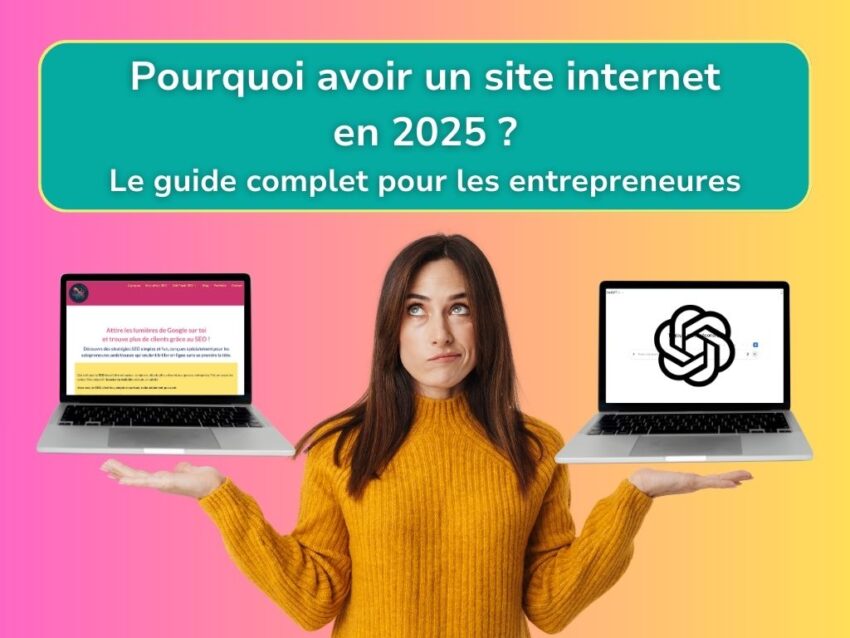 Femme entrepreneure s'interrogeant sur pourquoi avoir un site internet en 2025, avec d'un côté un ordinateur montrant le site web octoseo.fr et de l'autre un ordinateur montrant l'interface de ChatGPT.
