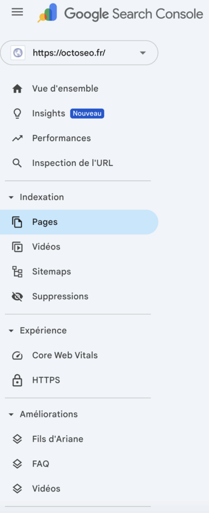 Interface Google Search Console montrant le menu de navigation avec la section Indexation et l'onglet Pages sélectionné pour vérifier l'indexation des pages web.