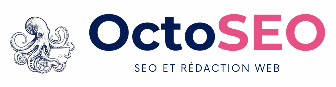 logo rectangulaire d'OctoSEO, SEO et rédaction web, avec une pieuvre travaillant sur un laptop