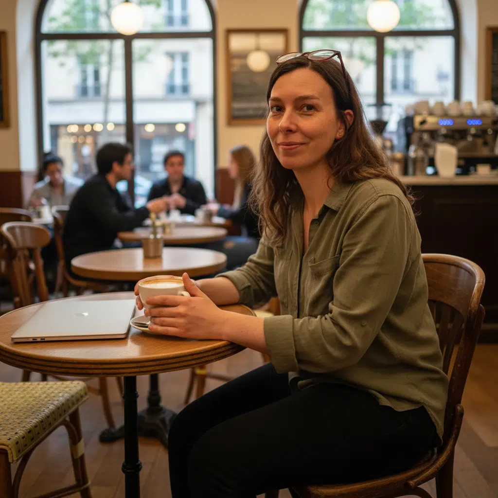 Photo de Dorothée Berthon, coach SEO, assise dans un café avec son ordinateur sur la table.