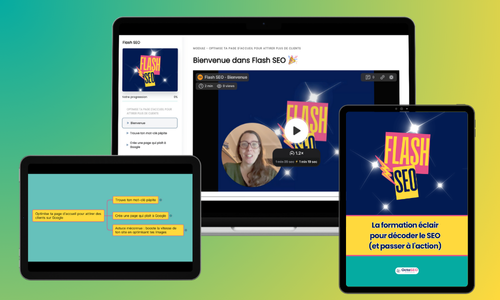 Mockup de la formation SEO gratuite Flash SEO, avec vue de la plateforme de foramtion, de la mindmap et du pdf téléchargeables en bonus