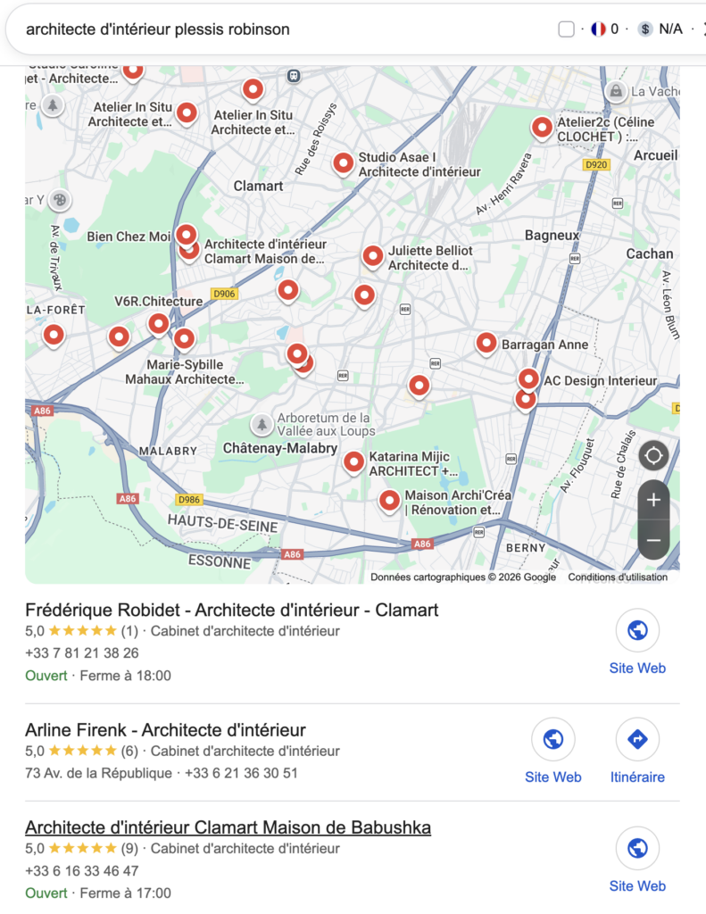 capture d'écran d'un local pack sur la SERP Google