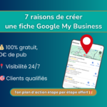 7 raisons de créer une fiche Google My Business - Mockup smartphone avec Local Pack, 100% gratuit, visibilité 24/7, clients qualifiés - Plan d'action étape par étape offert