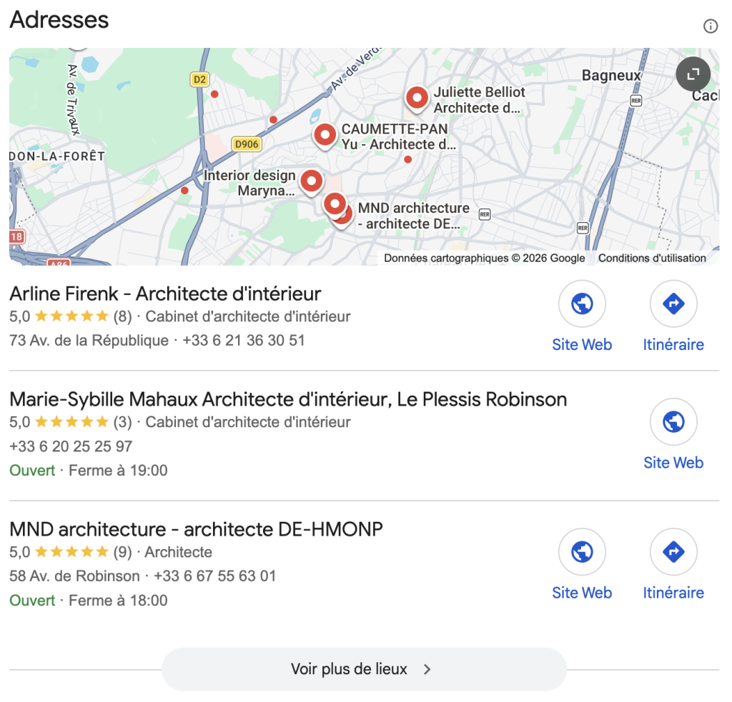Fiche Google d'Arline Firenk, architecte d'intérieur au Plessis-Robinson — positionnée en Local Pack