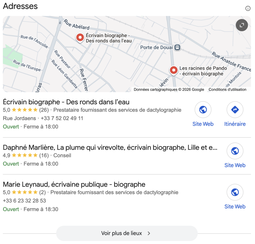 Fiche Google de Des ronds dans l'eau, écrivain biographe — positionnée en Local Pack