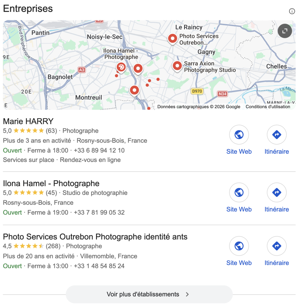 Fiche Google de Marie Harry, photographe à Rosny-sous-Bois — positionnée en Local Pack