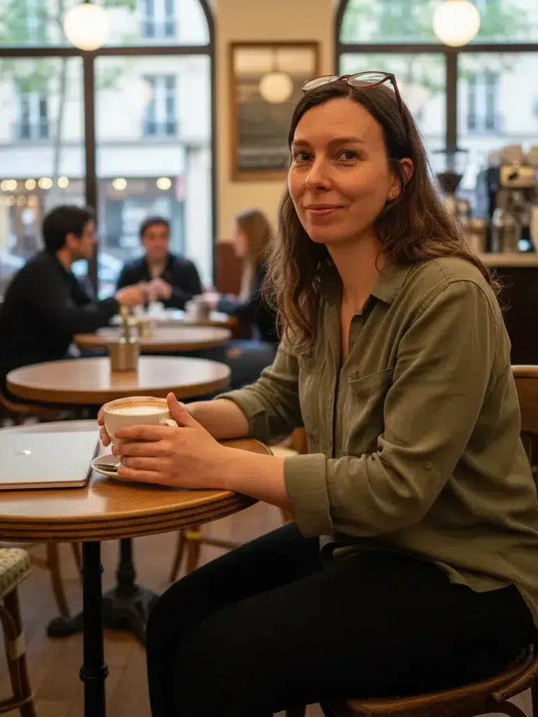 Photo de Dorothée Berthon, coach SEO, assise dans un café avec son ordinateur sur la table.