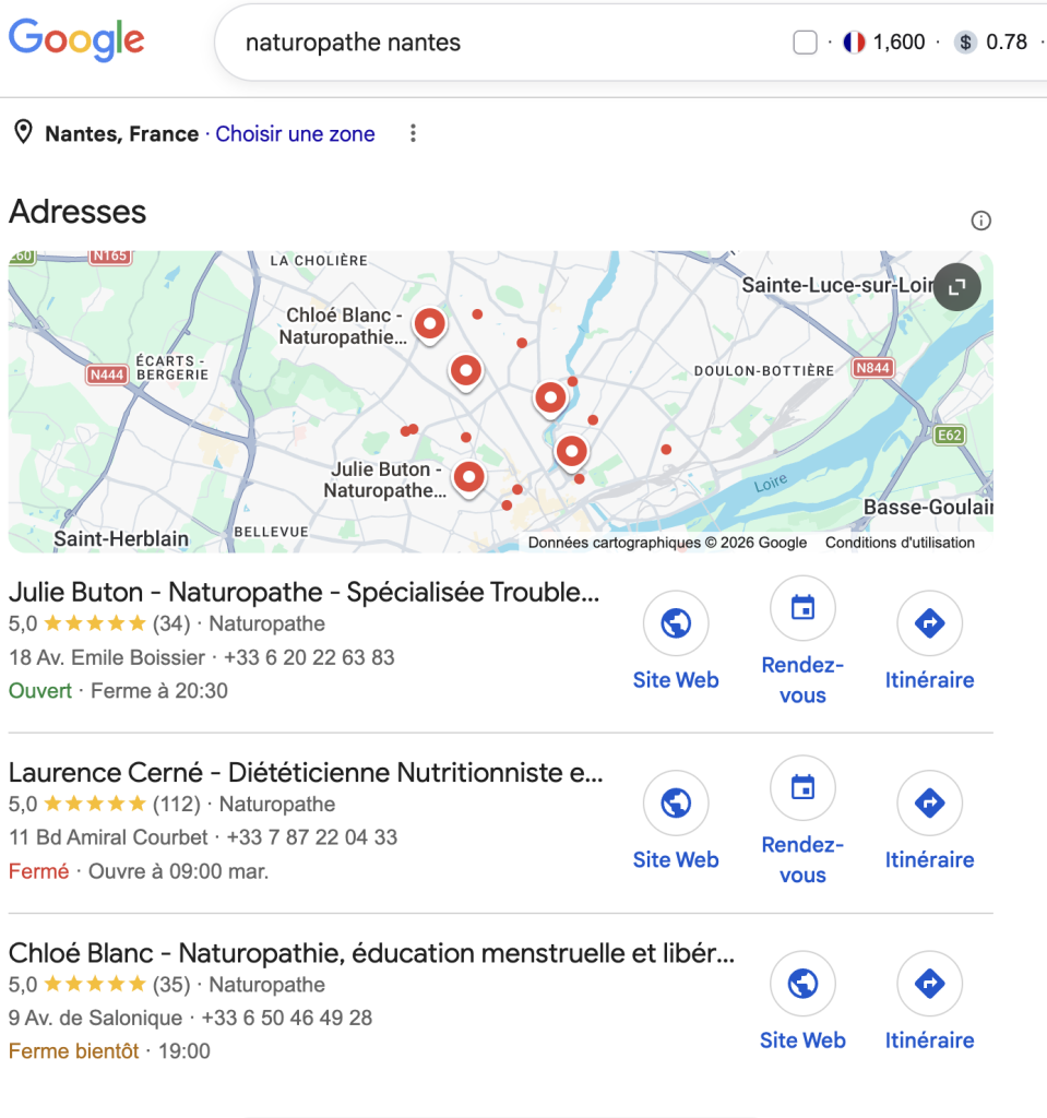 Capture d’écran du pack local Google pour la recherche « naturopathe Nantes » — encart avec carte et 3 fiches d’établissement