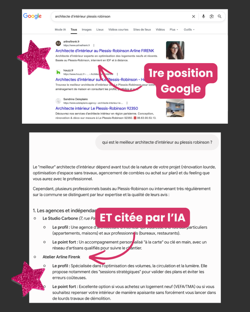 captures d'écran montrant les résultats d'une cliente de coaching SEO : 1re position sur Google et citation par les LLM.